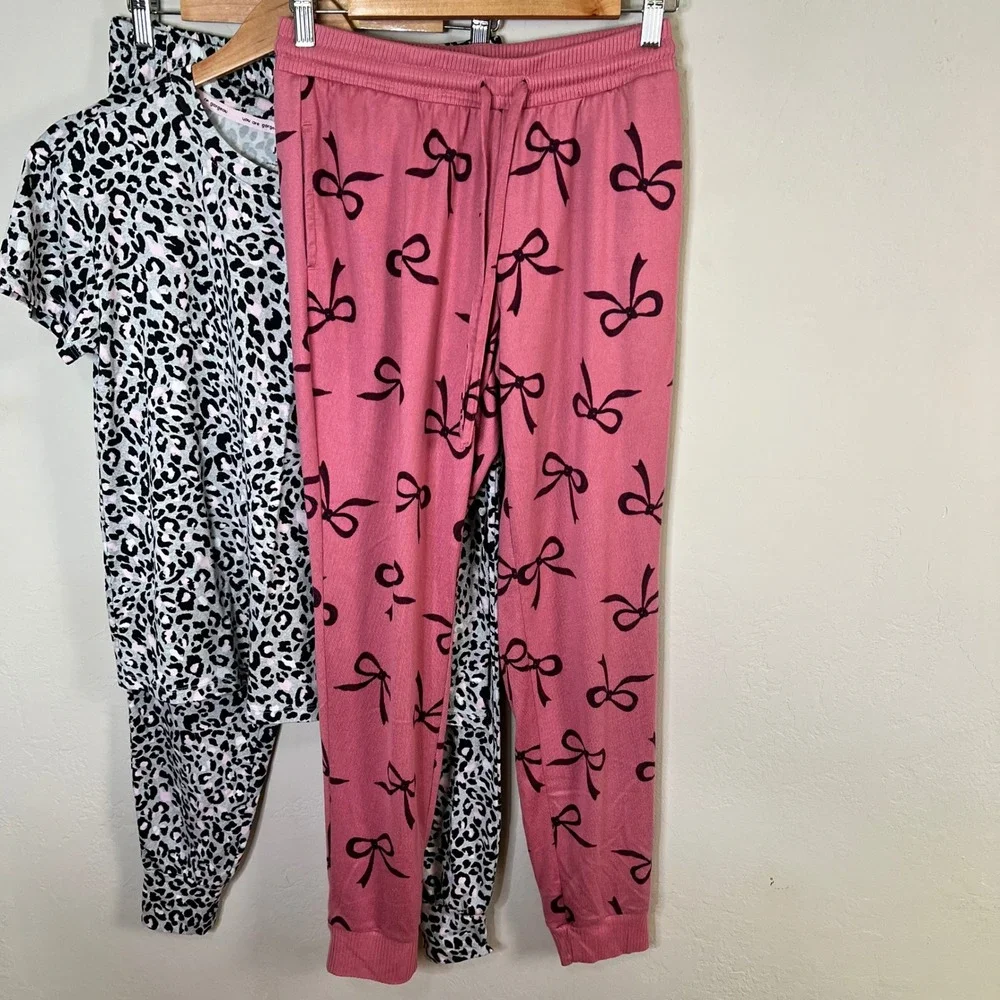 Joyspun Pajama Set Cozy Lounge Collection Womens Size XS Pink Bows Leopard Print